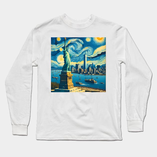 New York City, USA, in the style of Vincent van Gogh's Starry Night Long Sleeve T-Shirt by CreativeSparkzz